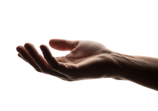 A dramatic, aesthetically pleasing and contrasting photograph of a hand isolated on a transparent surface, palm facing upward, in dim light.