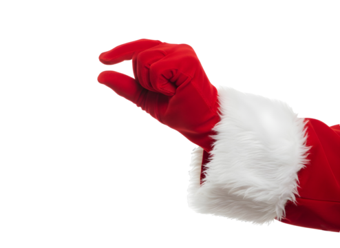 A close-up of a gloved hand in a red Santa Claus costume, with white fur trim, positioned as if making a gesture. The background is transparent.