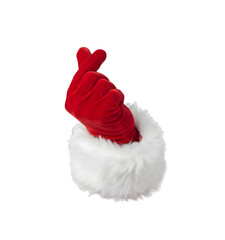 A red Santa Claus glove with a white fur cuff, making a heart shape with fingers. Isolated on a transparent background.