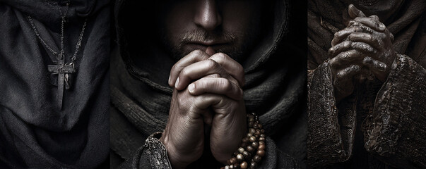 Monk in deep prayer holding rosary and cross, showing faith and devotion