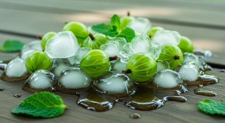 Fresh Gooseberries and Ice Cubes on Wooden Surface with Mint Leaves in Sunlight