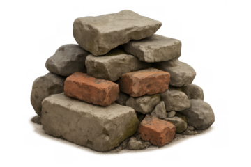 Constructing pile of building demolition rubble with stones and red bricks, isolated on transparent background