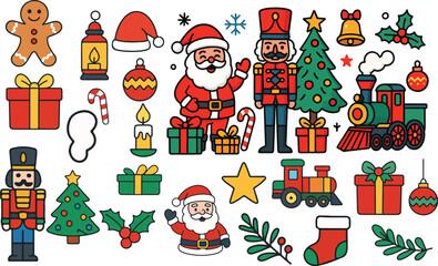 christmas cartoon set with santa claus gifts and holiday elements