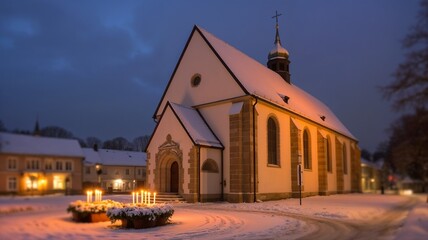 Protestant church setup for Christmas ceremony at night 