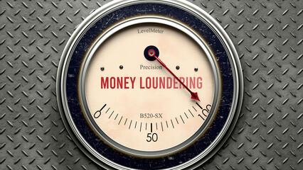 Money Loundering that is hitting a full scale, showing a very high level of money loundering, overload of it, too much of it. Maximum value, off the charts.  ,3d illustration