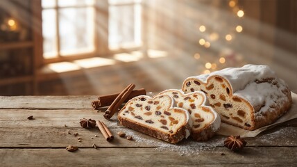 Sliced Stollen cake on rustic wooden table with powdered sugar and cinnamon sticks in warm bokeh background with copy space