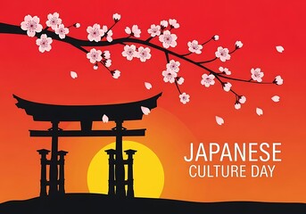 Japanese culture day celebration with torii gate and cherry blossom branch