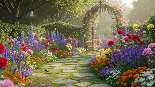 A stone path winds through a lush garden filled with colorful flowers