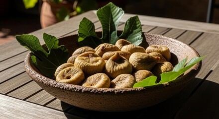 Fresh Figs Displayed In A Textured Bowl With Green Leaves On Wooden Surface