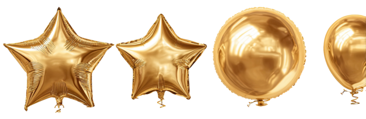 Three gold metallic balloons, star and circle shapes