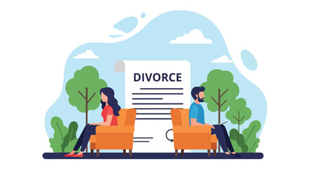 Flat style vector of man and woman sitting apart on sofa, avoiding eye contact, showing divorce, emotional distance and relationship conflict