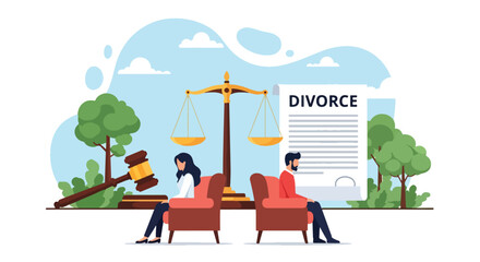 Flat style vector of man and woman sitting apart on sofa, avoiding eye contact, showing divorce, emotional distance and relationship conflict