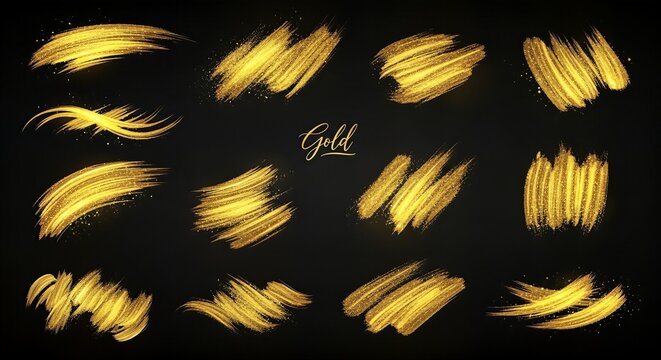 A collection of shimmering golden paint brush strokes and swatches with glitter effect on a dark background, perfect for luxurious design elements.