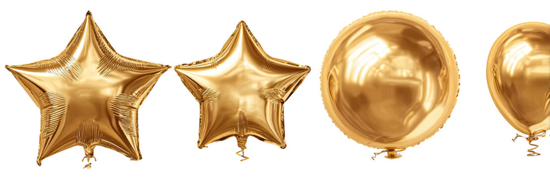 Three gold metallic balloons, star and circle shapes