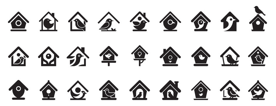 Black Birdhouse Icons Collection &ndash; Minimalist Bird and Nest Silhouette Vector Set