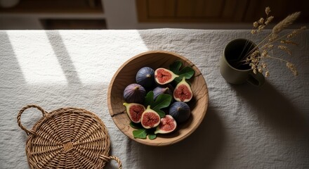 Fototapeta premium Fresh Figs In Wooden Bowl With Leaves And Minimalist Tabletop Setting