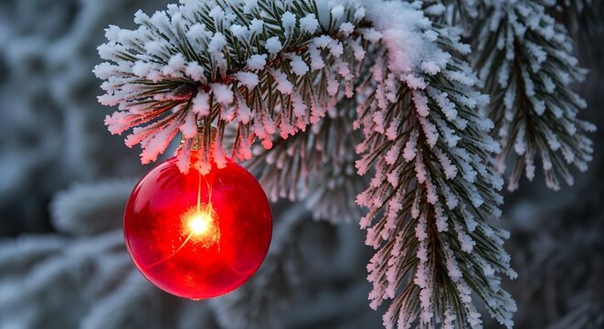 A single glowing red christmas ornament hangs from a frost covered pine branch creating a festive and magical winter holiday scene