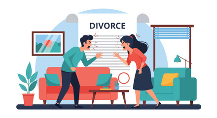 Flat vector of angry couple arguing at home, divorce, communication breakdown and relationship stress illustration