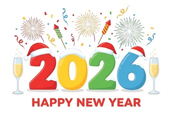 Festive 2026 new year celebration isolated on white background with fireworks and champagne