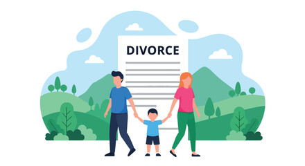 Flat vector of child holding parents’ hands while walking opposite ways, family separation and shared custody concept