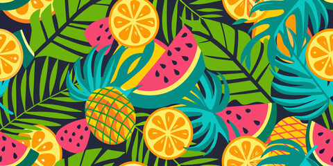Vibrant tropical fruit and palm leaf pattern seamless design with pineapple orange and watermelon