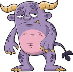 Funny purple cartoon monster character with yellow horns, sleepy expression and big belly, cute fantasy creature illustration for children’s design projects