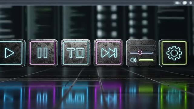Modern video editing interface with play, pause, and settings controls.