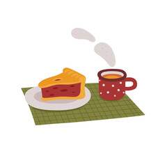 Vector hand-drawn illustration of a piece of a pie and a mug of hot tea. Cozy sketch for a children's design
