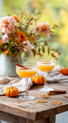 Festive autumn cocktails garnished with cinnamon sticks, surrounded by mini pumpkins and warm floral decor