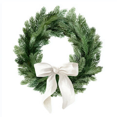 Watercolor wreath featuring of pine branches and a large white ribbon