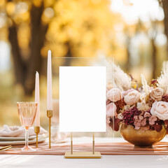 Acrylic table sign mockup on a table decorated with autumn-inspired florals, taper candles, and soft tableware - ideal for seasonal event branding