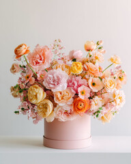 Whimsical arrangement of blush pink and yellow flowers in a pastel round box