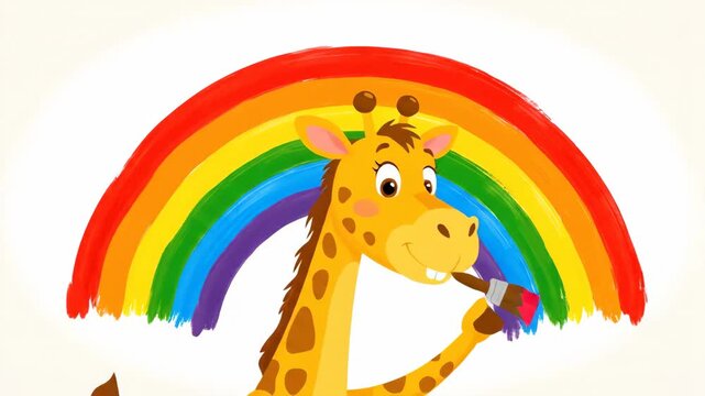 Cartoon giraffe painting a rainbow against white background