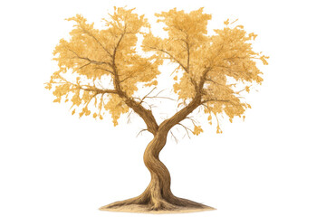 Twisted autumn tree with golden foliage symbolizing nature's beauty and seasonal change on transparent background