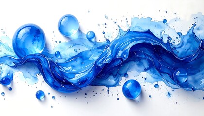 Fluid abstract art featuring shades of blue and transparent spheres against a white backdrop