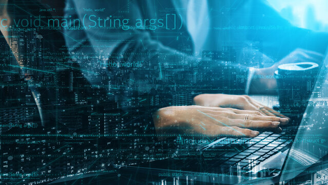 A visually striking image showing hands typing on a laptop, enhancing the modern workspace vibe with an overlay of cityscape and digital data visualizations. Xenic - Powered by Adobe