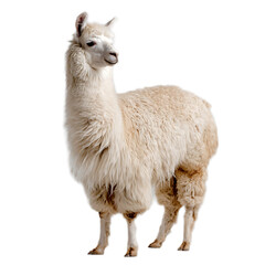 Obraz premium A full shot of a fluffy white llama standing against a black background in a studio setting