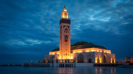 Hassan ii mosque casablanca morocco landmark architecture travel destination at night beautiful illuminated building
