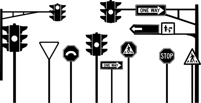 Minimalist black silhouettes of urban city street signs and traffic lights for design silhouette vector illustration white background
