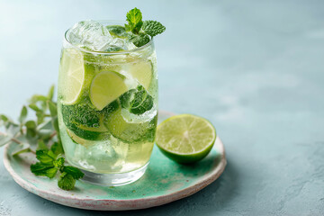 Fototapeta premium A glass of cold green tea with herbs. An icd drink for summer