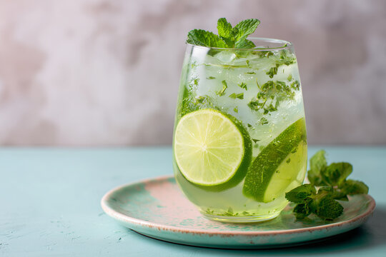 A glass of cold green tea with herbs. An icd drink for summer
