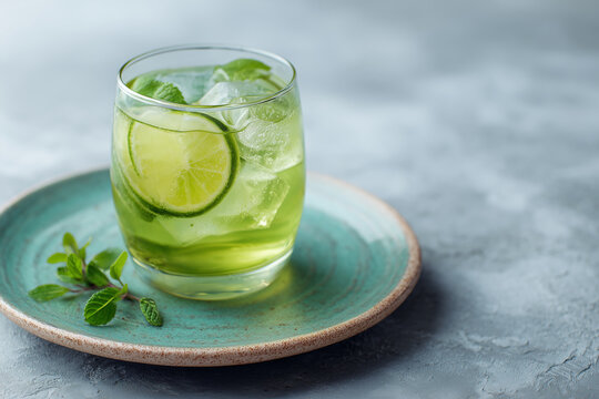 A glass of cold green tea with herbs. An icd drink for summer