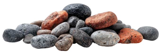 Pile of rounded stones in various shades of gray, red, and black