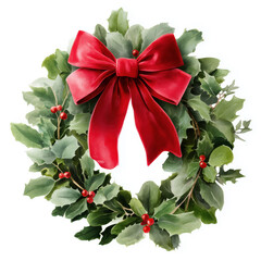 Watercolor wreath made of holly leaves and berries, adorned with a lush red velvet ribbon