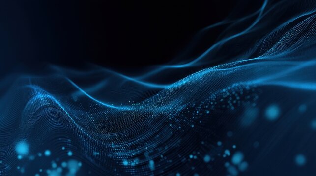 A visually stunning abstract representation featuring flowing blue wave patterns and luminous dots, creating an immersive digital landscape.