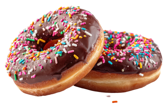 Two chocolate-glazed donuts topped with colorful sprinkles