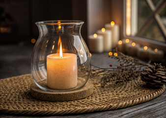 burning candle in a glass jar