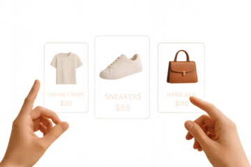 Online Shopping Experience Interface Showing TShirt Sneakers and Handbag with Prices Displayed on a Transparent Background