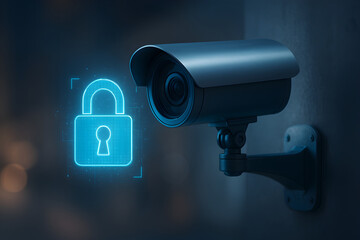 Smart surveillance camera with cybersecurity lock symbol