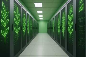 Modern Data Center with Green Energy Leaf Logo Representing Sustainable Technology Infrastructure